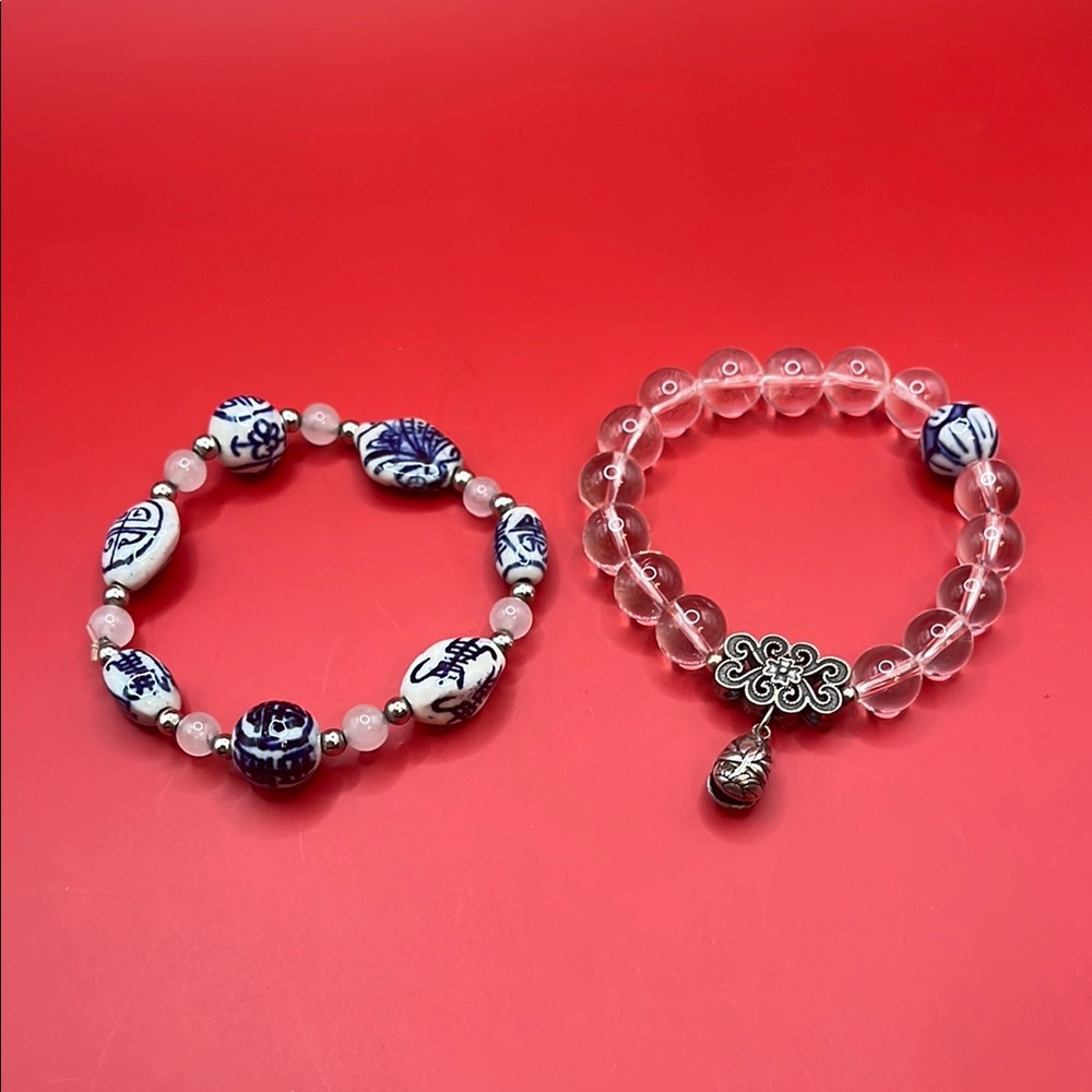 Elegant Blue and White Asian Ceramic and Glass Beaded Bracelet Set
